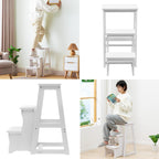 Solid Wood Folding Library Ladder Chair, Lightweight Portable Multifunctional Step Stool, 3-Step Stool Stepladders, Display Stand and Flower Stand for Kitchens, Garages (White)