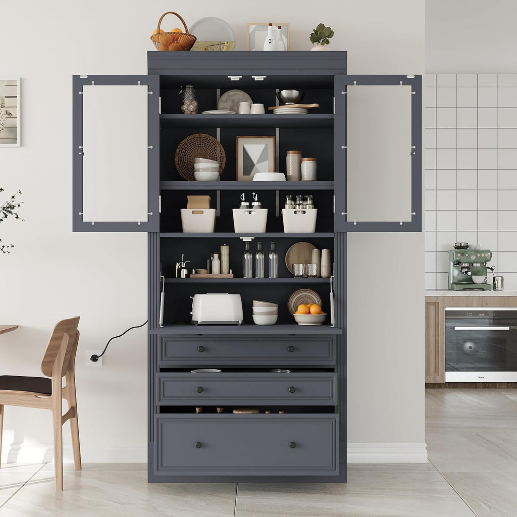 78" Tall Kitchen Pantry Cabinet with 3 Drawers, Large Wooden Kitchen Organizers Storage Cabinet Cupboard with Power Outlet and Adjustable Shelves for Dining Room, Living Room, Grey