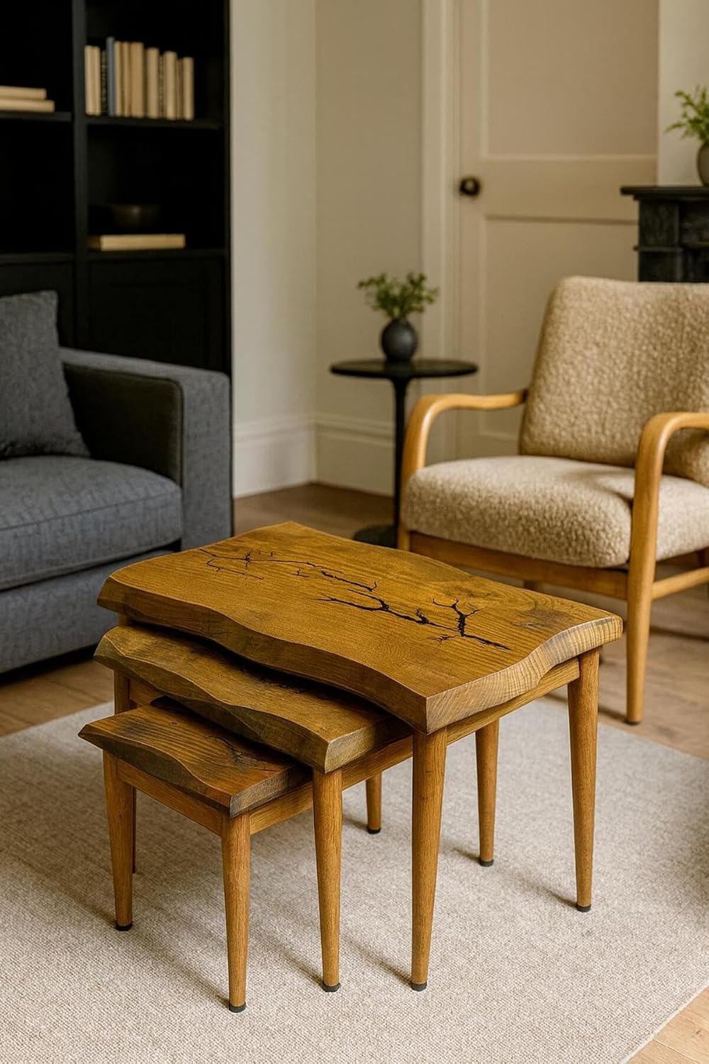 SODEF Handmade Walnut Wood Nesting Side Table Set of 3, Retro Style, Wood Grain, Largest Table 24.4 x 13.4 x 21.7 in, Unique Asymmetrical Design - Brown
