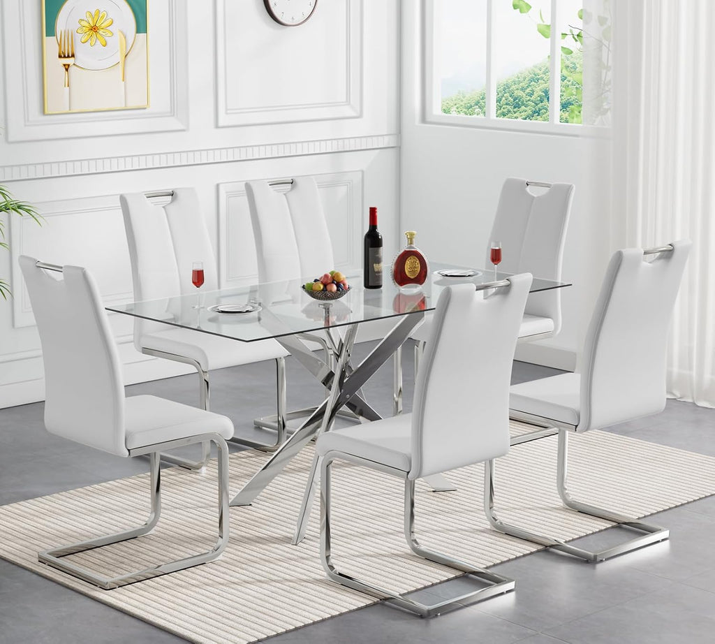 Modern Glass Dining Table Set for 6, Silver Glass Kitchen Table and Chairs Set, 7 Piece Dining Room Table Set with 51" Rectangle Dinner Table and 6 White Leather Dining Chairs