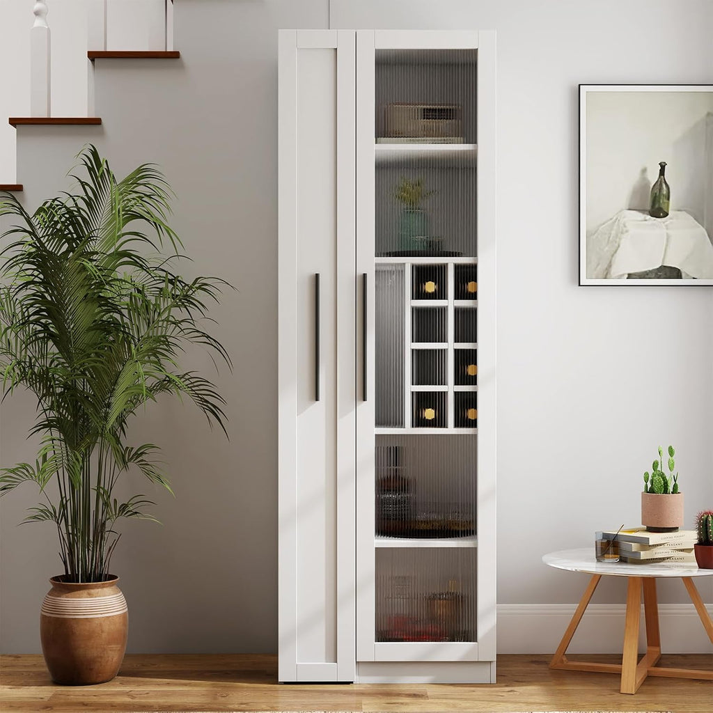 JOYSOURCE Kitchen Hutch Cabinet with 5-Tier Pull-Out Storage Shelves Tall Kitchen Pantry Wine Cabinet Slim Liquor Cabinet with Reeded Glass Door Bottle Dividers & Stemware Rack White