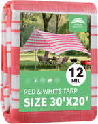 RAINDEWAY Tarps 20x30 Feet,12 Mil Sunshade Striped Tarp Waterproof,Multipurpose Poly Tarp Cover with Grommets and Reinforced Edges,Red/White Tarps