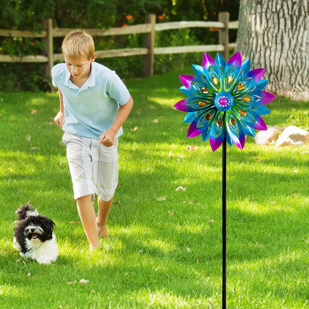 Metal Wind Spinner,13” Wind Spinners Outdoor,Peacock Windmill with Stake,Kinetic Wind Spinners for Yard and Garden,Multi-Color Pinwheels Yard Wind Sculptures,Waterproof Spinner for Patio Lawn