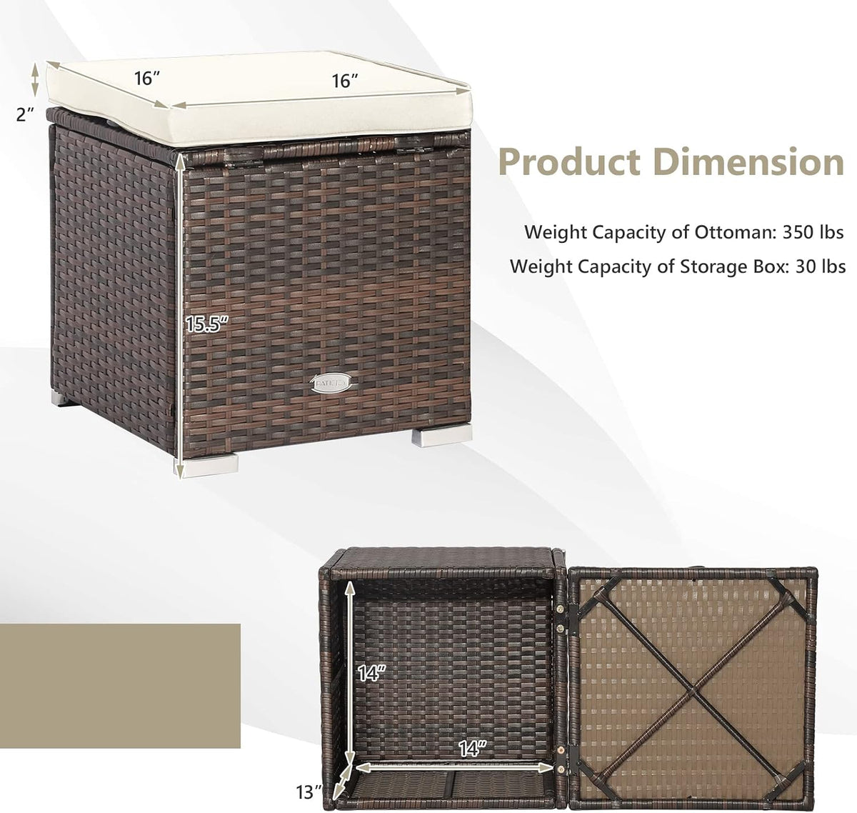 ORALNER 16" Outdoor Ottoman, Set of 2 Wicker Ottoman with Storage, All-Weather Rattan Cube Footstool w/Removable Cushions, Square Foot Rest Seating for Patio, Porch, Deck, Easy Assembly (Cream)