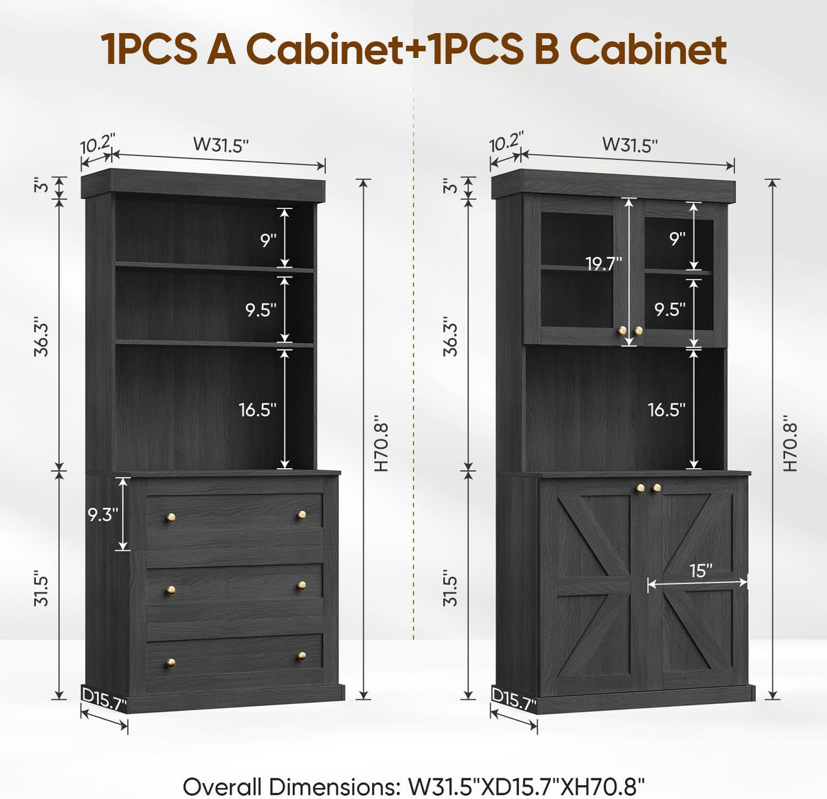 71" Black Farmhouse Kitchen Pantry Cabinet Set of 4— Freestanding Coffee Bar with Glass Doors or Drawers, Microwave Stand, Large Storage Hutch with Adjustable Shelves for Kitchen, Living Room