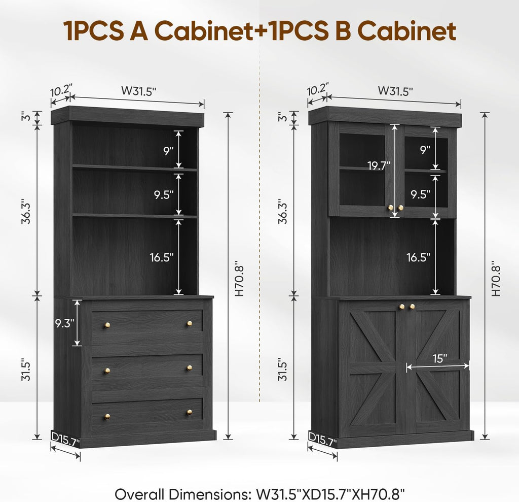 71" Black Farmhouse Kitchen Pantry Cabinet Set of 3— Freestanding Coffee Bar with Glass Doors or Drawers, Microwave Stand, Large Storage Hutch with Adjustable Shelves for Living Room and Kitchen