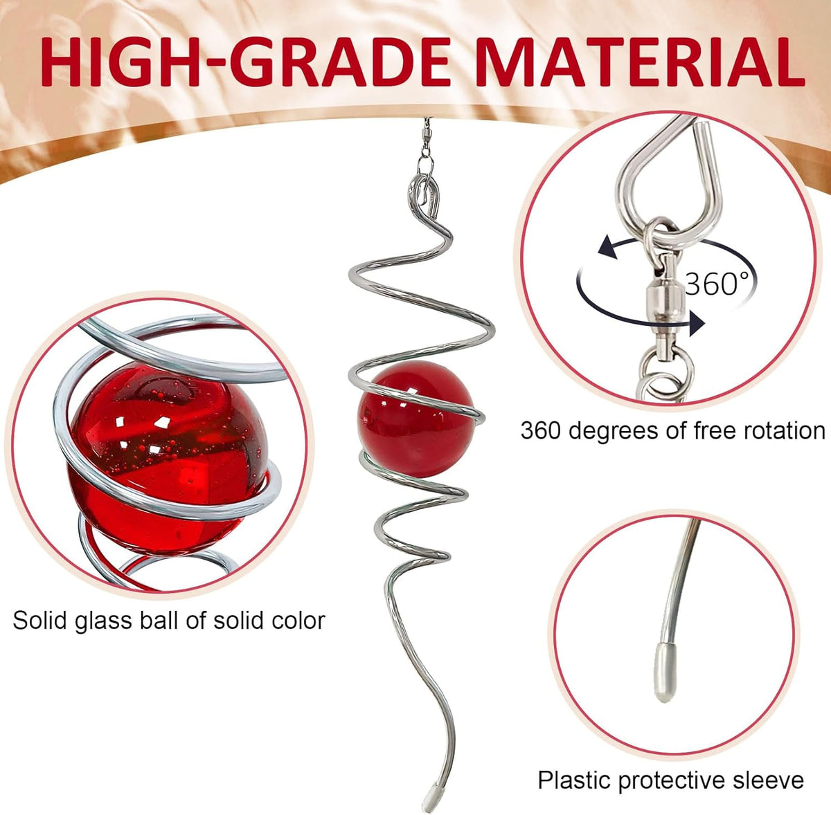 Gazing Ball Spiral Tail with Red Glass Orb - 13" Wind Spinner Stabilizer with Swivel Hook, Hanging Decor for Indoor Outdoor Garden Decor Rotating Art Ornament Christmas Décor & Unique Gift