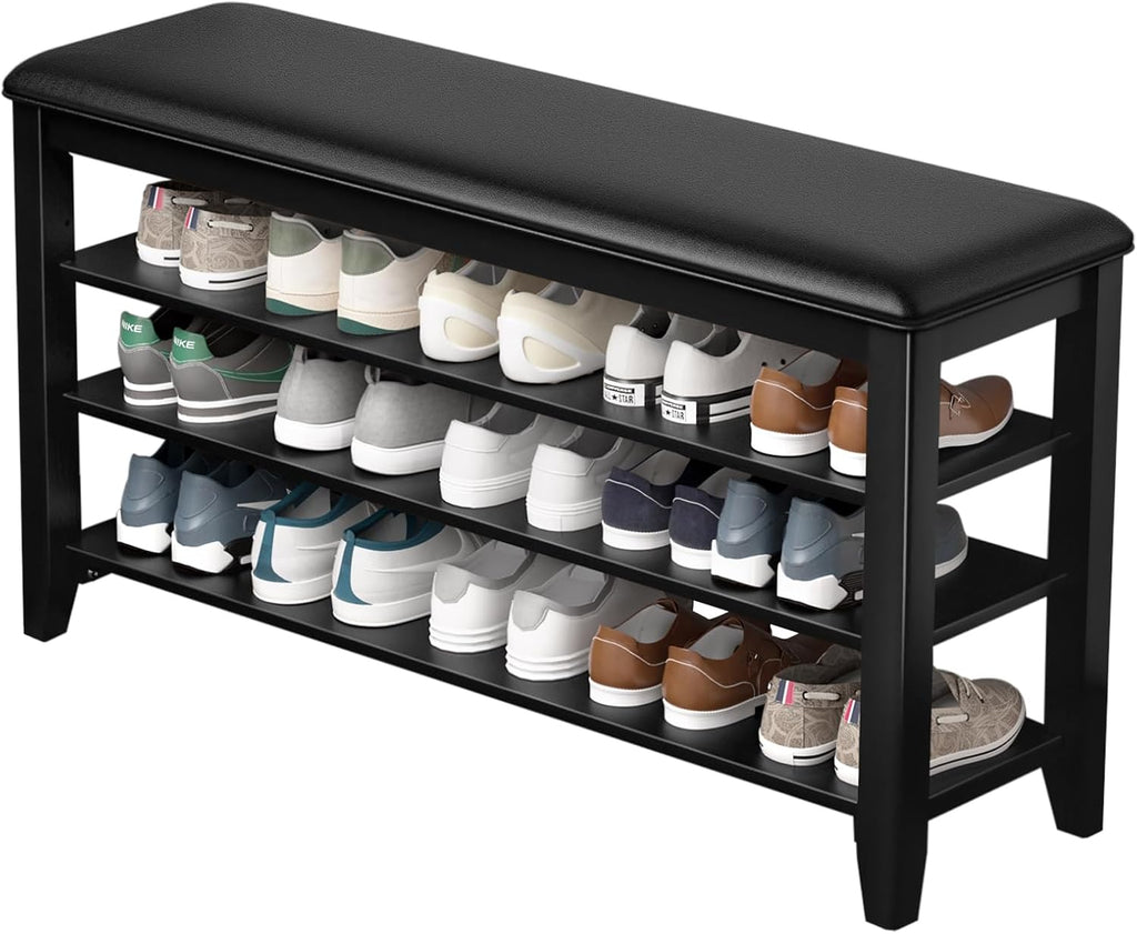Shoe Rack Bench Entryway Storage with Leather Cushion, Shoe Organizer Bench for Entryway, Ideal for Front Doors Entrances Hallway Mudroom Featuring Rubberwood And 3 Height-Adjustable Removable Shelve