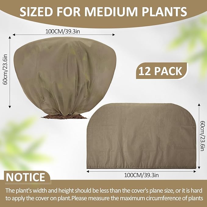 12 Pcs Winter Plant Covers Freeze Protection 39.4x23.6 Inch Horizontal Shrub Tree Rose Plant Protection Bags Frost Blanket with Drawstring for Fall Winter Outdoor Garden Planting (Brown)