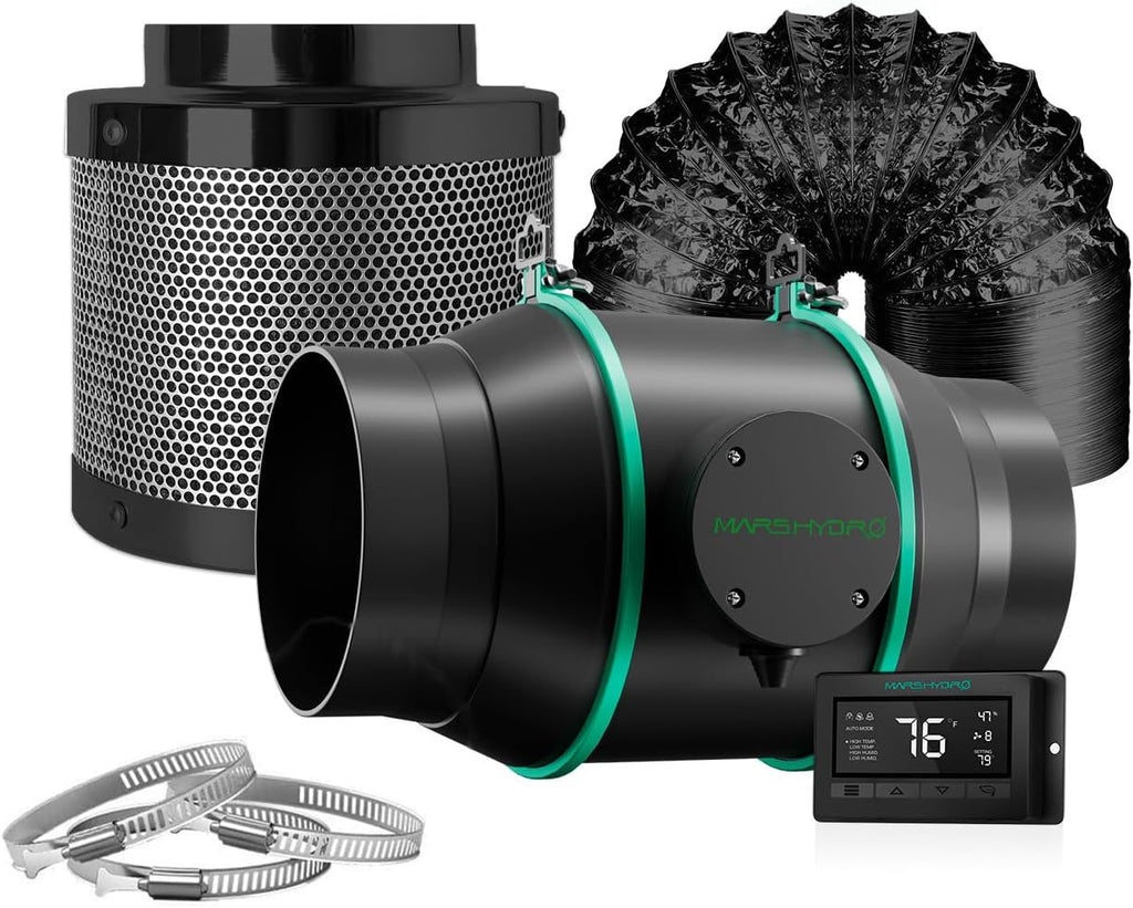 MARS HYDRO 6 Inch Inline Fan and Filter, with Temperature and Humidity Controller, and 25 Feet Ducting, Exhaust Fan for Grow Tents, Hydroponics