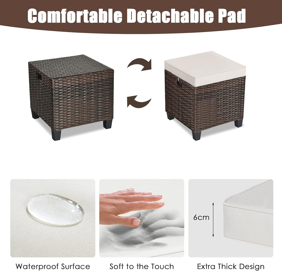 mayjooy 2-Piece Rattan Patio Ottoman, All Weather Wicker Ottoman w/Removable Cushion & Steel Frame, Outdoor Footstool Footrest Furniture (Brown) , 16”x16”x18