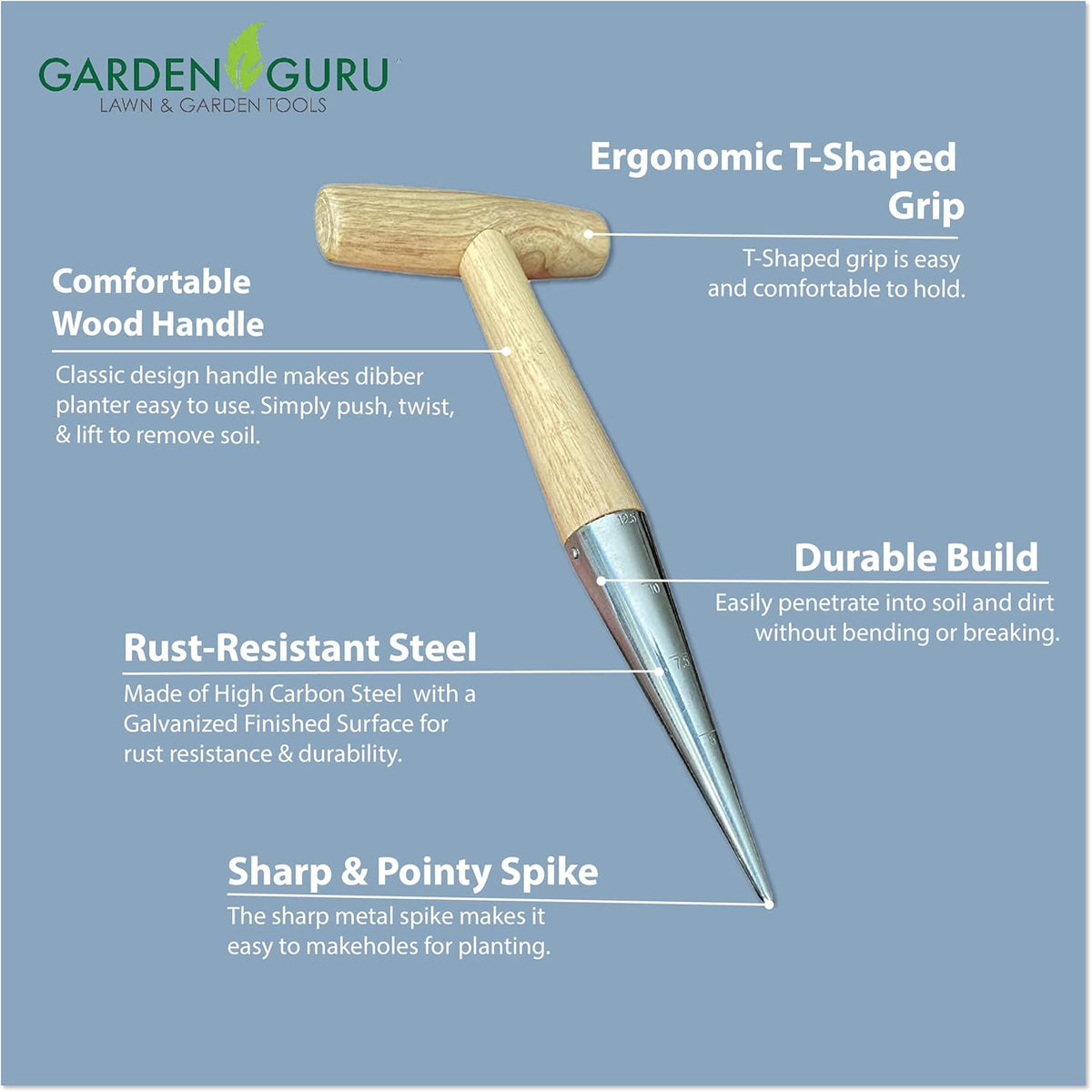 Garden Guru Steel Dibber Bulb Planter Tool for Planting Seeds & Bulbs - Depth Measurements, High Carbon Steel & Comfortable Wood Carved Handle - for Planting Flowers, Tulips - 1 Case (100 Pcs)