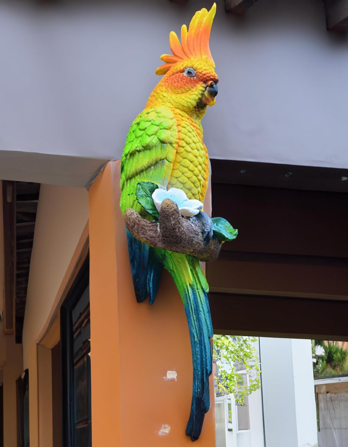 Coolboy Parrot Figurine - Outdoor Resin Bird Decoration, Flapping Macaw Bird Tropical Decor Wall Sculpture, Polyresin, Yellow