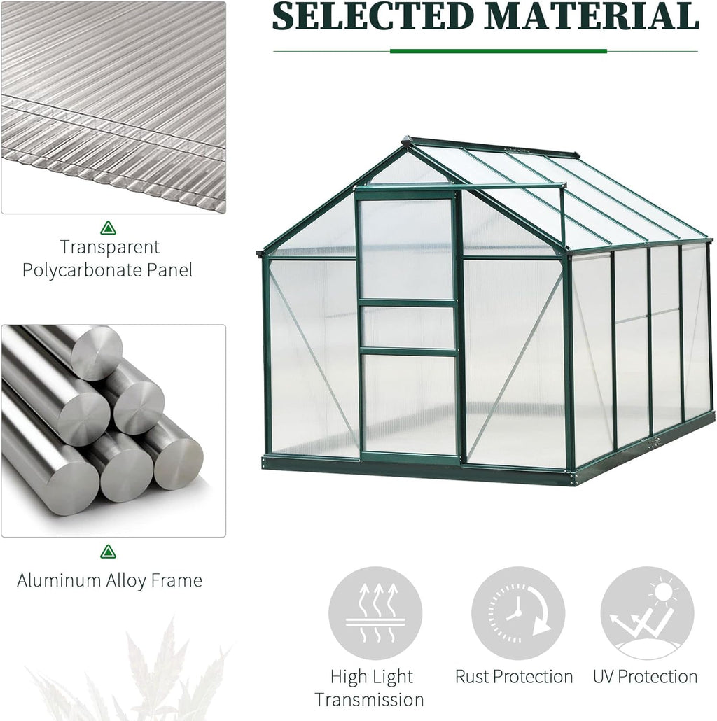 Outsunny 6' x 8' Greenhouse for Outdoors, Polycarbonate Greenhouse with Rain Gutter and Roof Vent, Aluminum Walk-in Green Houses for Outside for Patio Backyard Garden, Dark Green