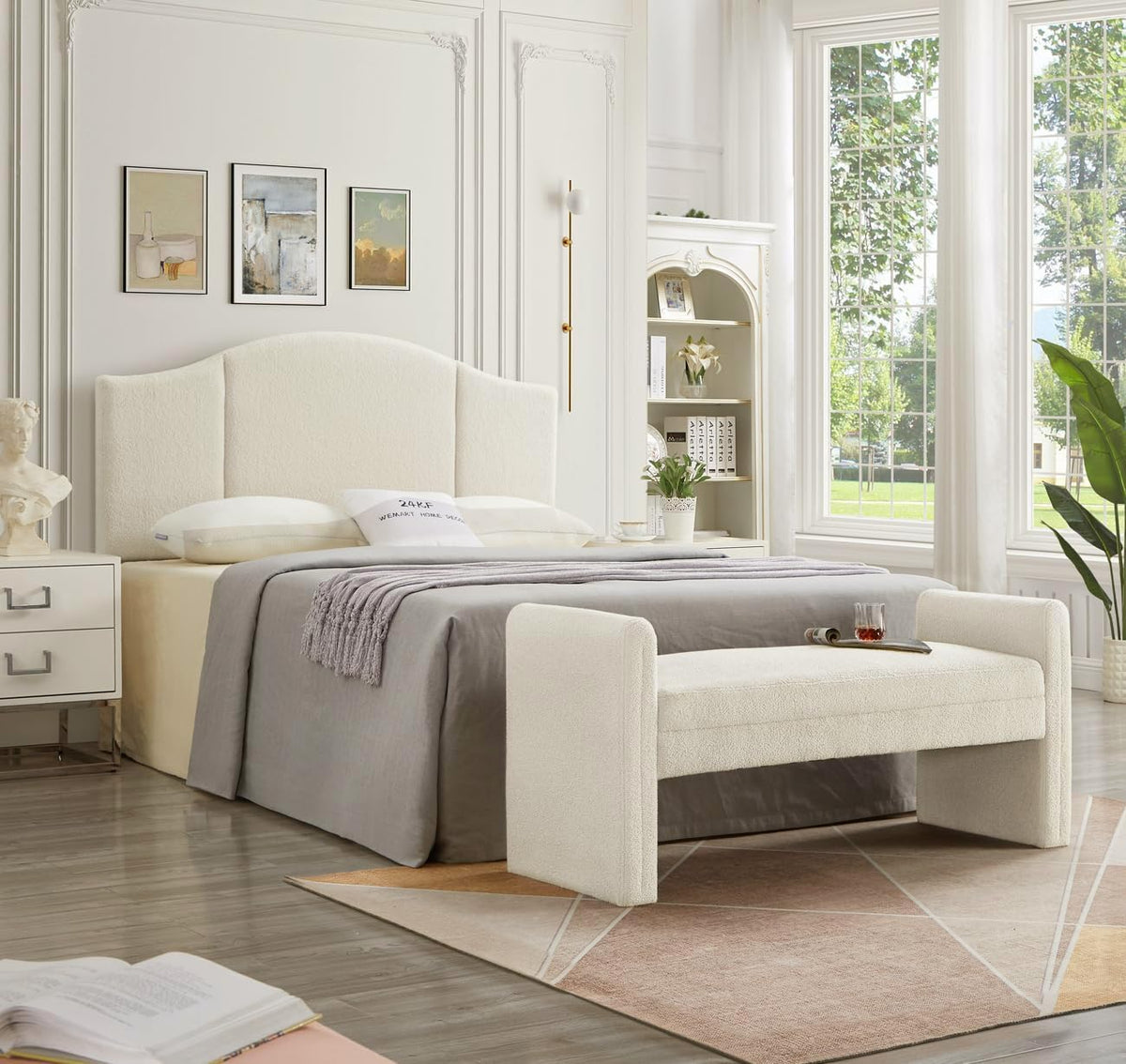 24KF Modern Upholstered Bed Bench Covered with Soft Boucle Teddy Fabric, Lovely Entryway Bench Ottoman with Armrest,5062-Cream