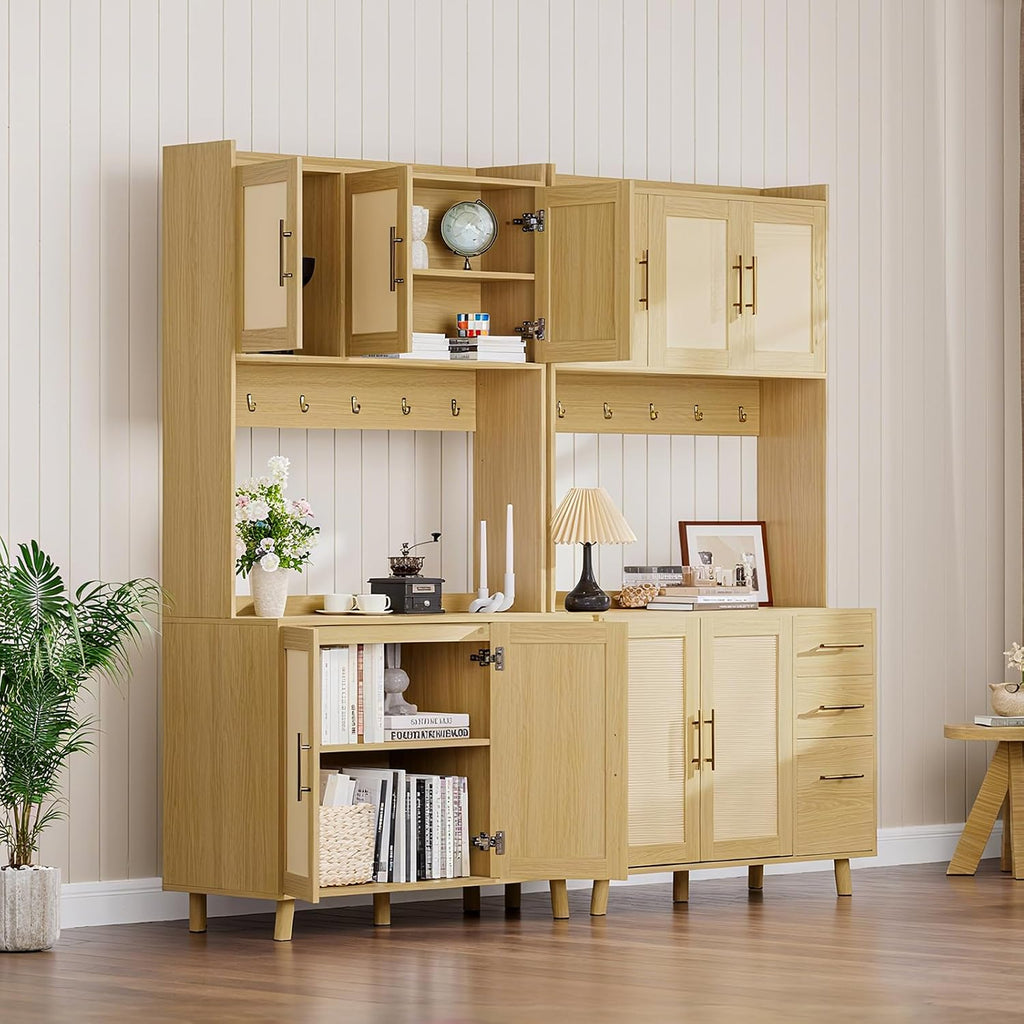 71" Tall Kitchen Pantry Cabinet with Storage, Freestanding Hutch Sideboard Buffet Cabinet with Rattan Door, 3 Drawers, 6 Hooks, Adjustable Shelves, Microwave Stand Countertop for Living Room