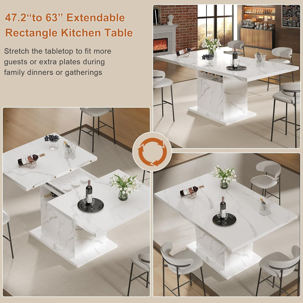 Extendable Dining Table for 4-6, 47-63in Expandable Kitchen Rectangle Dining Table with Removable Leaves, Modern Faux Marble Kitchen Table with Storage for Kitchen Living Room, White Faux Marble
