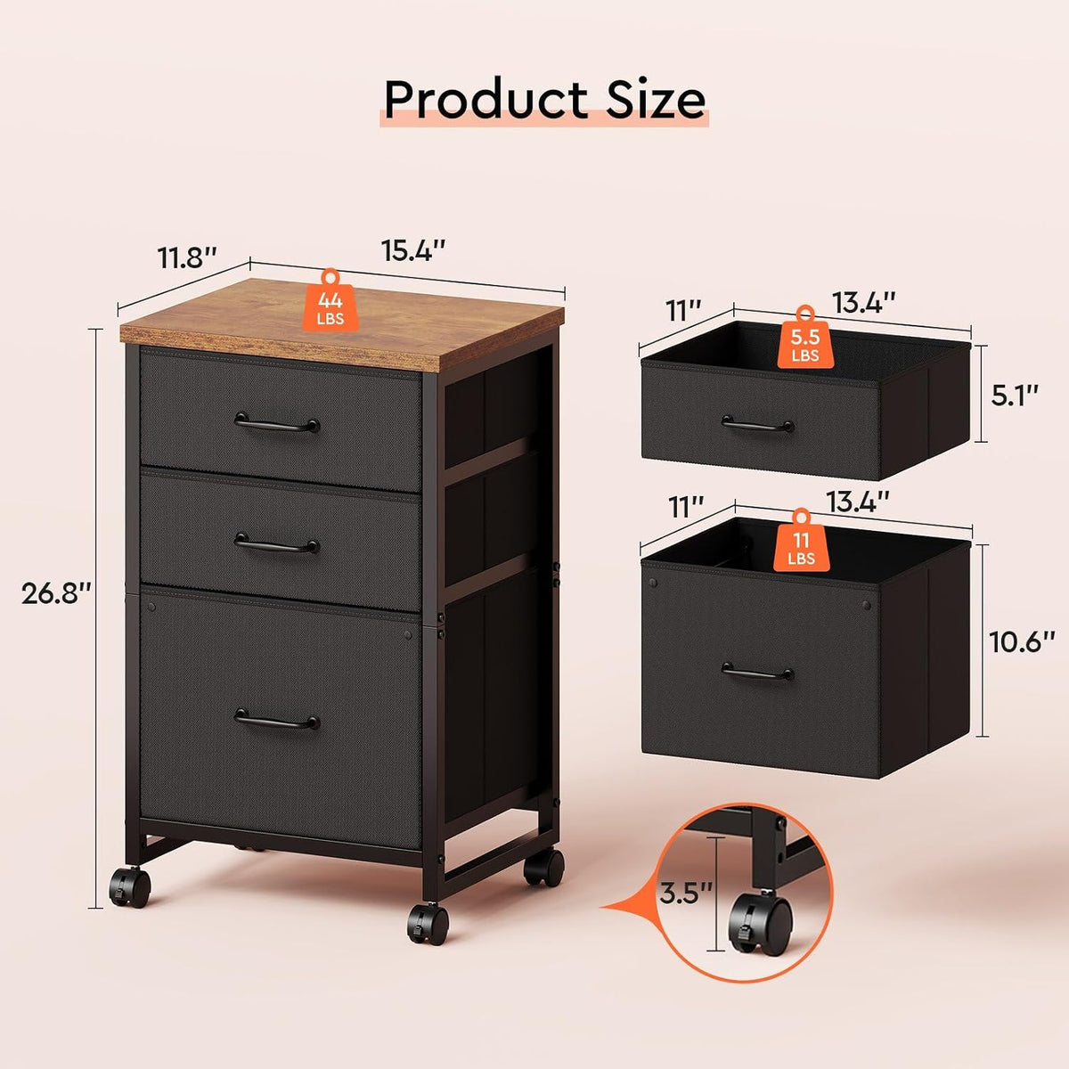 Maihail 3 Drawer File Cabinet with Wheels with Open Storage Shelf, Rustic Brown