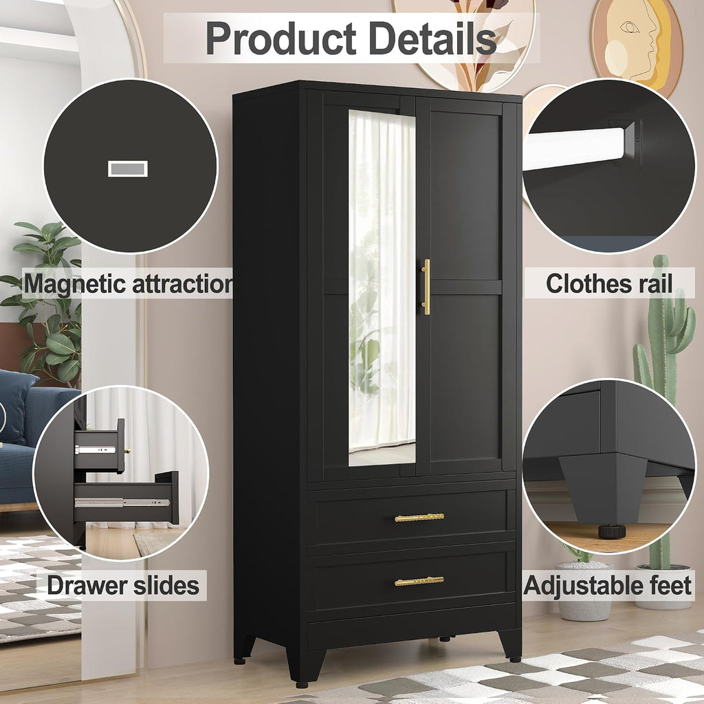 RIETERN Metal Armoire Wardrobe Closet, 71" Tall Bedroom Closet with Mirror, 2 Drawers, Adjustable Shelves, and Hanging Rod, Steel Clothes Closets and Storage, for Bedroom Black