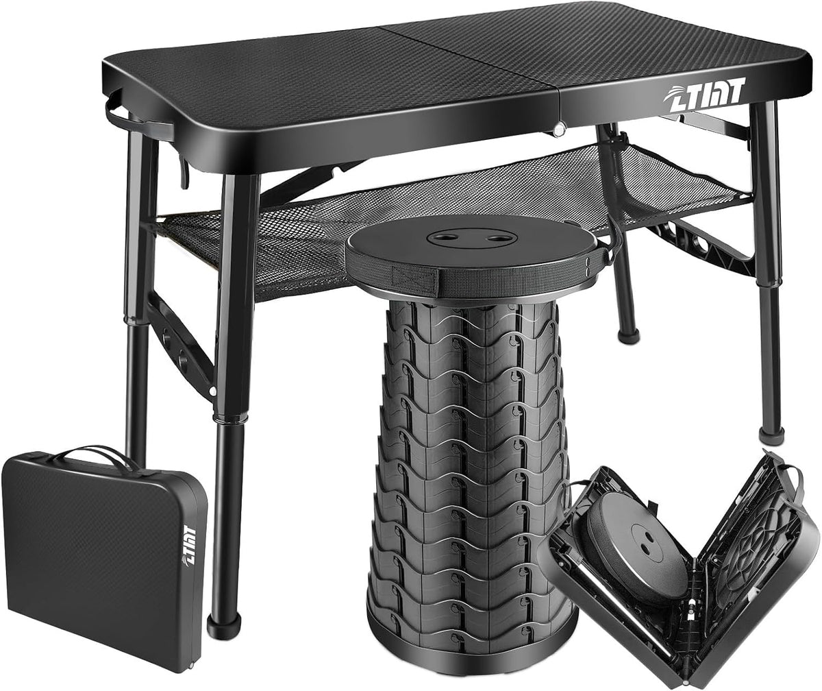 Folding Table and Stool, Small, Black, 4 Foot Outdoor Portable Table, Adjustable Height, Camping, Picnic, RV Table, 55lbs Load-Bearing, Lightweight