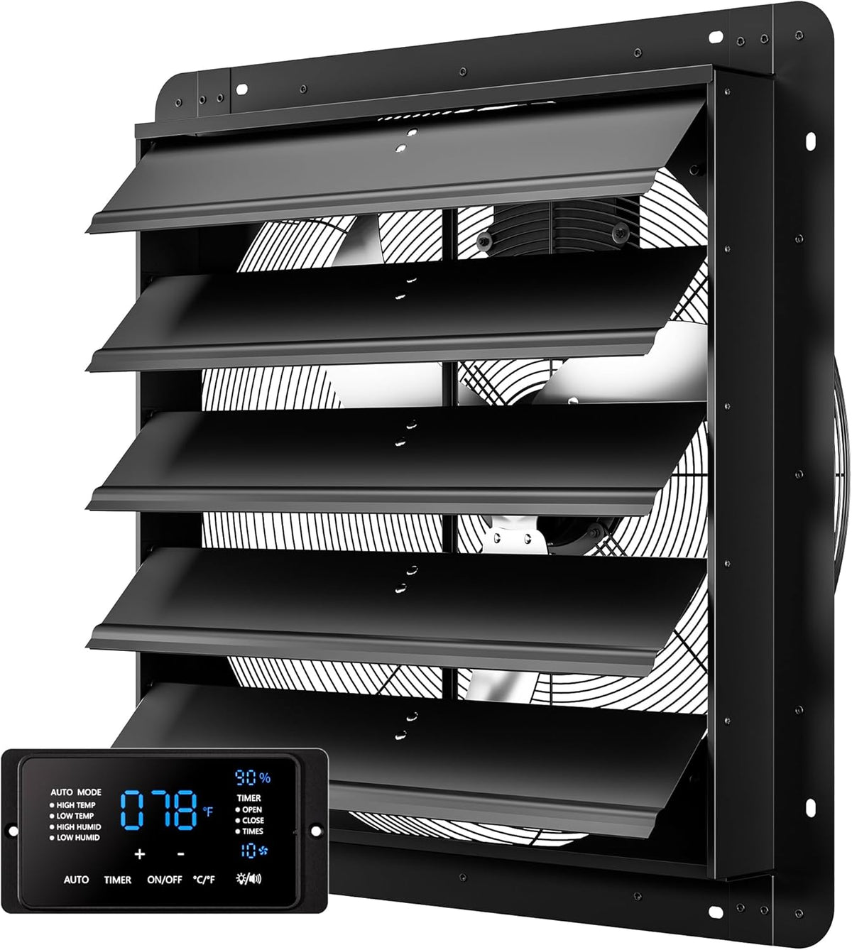 24 Inch EC Motor Shutter Exhaust Fan, 6 Inch Large Touchscreen Controller for Temp Humidity and Speed Control, 10-Speed Wall Mount Fan for Attic, Greenhouse, Garage, Chicken Coop Ventilation