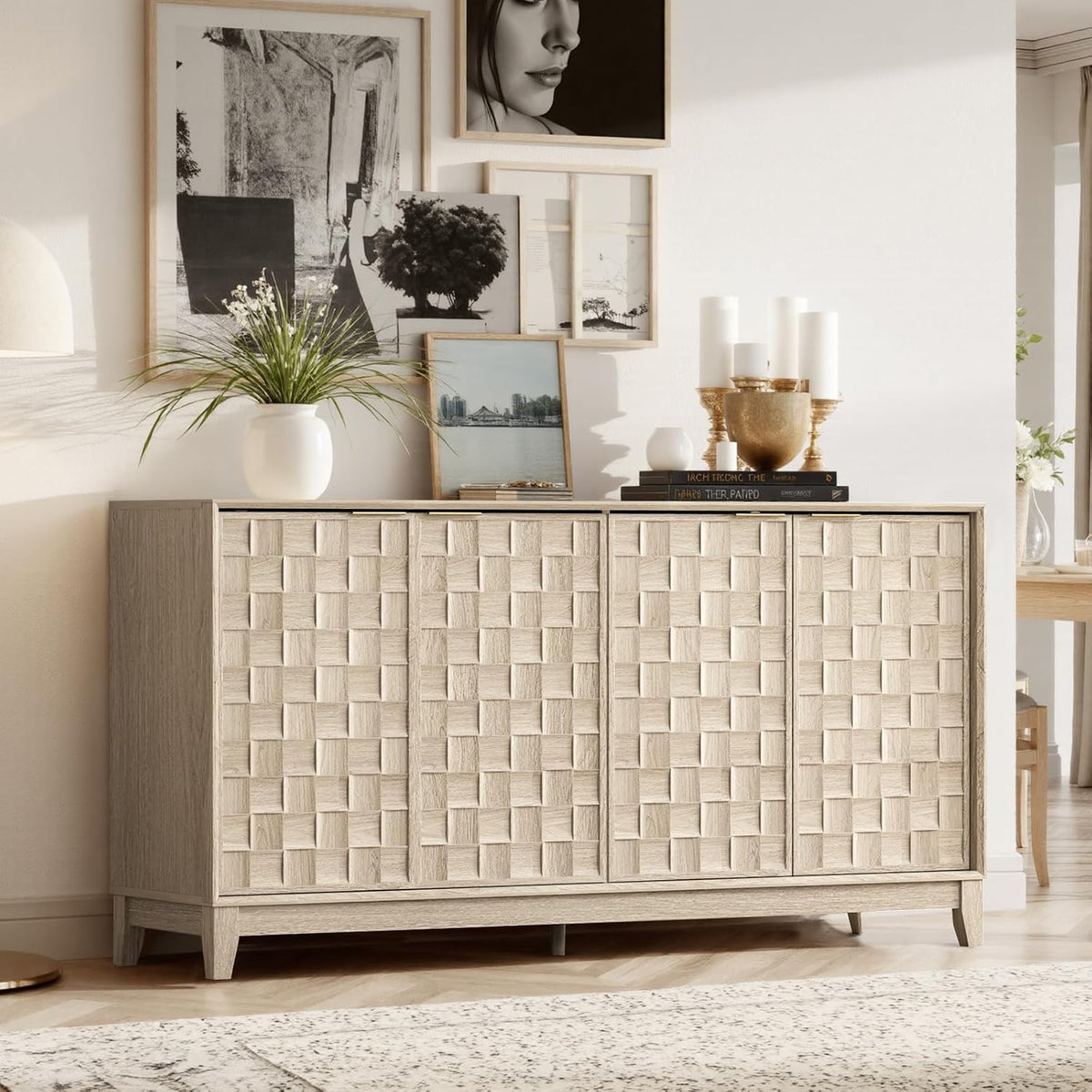 COLAMY 60" Sideboard Buffet Cabinet with Storage, Modern 4-Door Buffet Table with 3D Checkerboard Doors & Solid Wood Legs, Large Coffee Bar Cabinet for Dining Room, Living Room, Entryway,Oak Mist