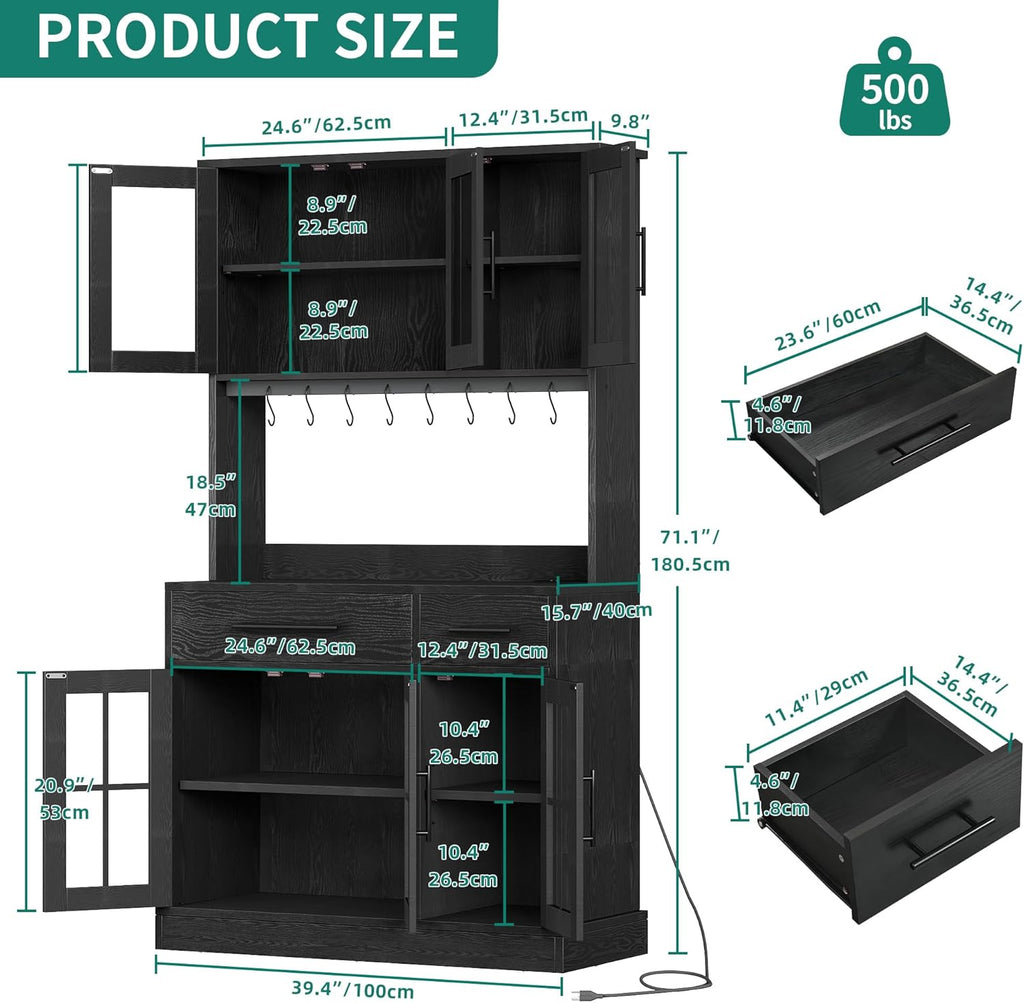 YITAHOME 71'' Kitchen Pantry Storage Cabinet with Microwave Stand, Tall Freestanding Hutch Cabinet with Power Outlet, Pantry Cabinets with Buffet Cupboard, Drawers and Acrylic Doors for Home, Black | Tall Freestanding Hutch Cabinet with Power Outlet
