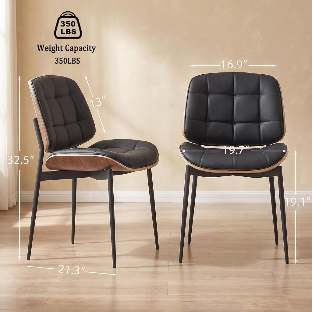 GrandNoor Mid Century Modern Dining Chairs with Walnut Grain Back, Black Faux Leather Dining Room Chairs Set of 2, Checkered Soft Cushion Kitchen Chairs with Adjustable Foot Pads