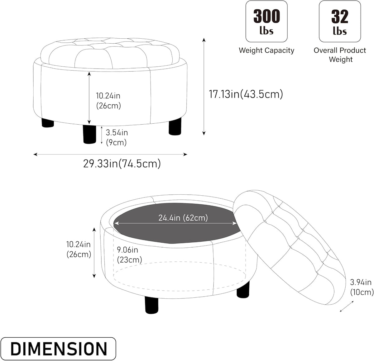 Round Storage Ottoman 29.33" with Reversible Lid - Fleece Fabric Upholstered Hand-Pulled Buckle Decoration Footstool, Storage Stool for Living Room, Bedroom, Office (Beige)