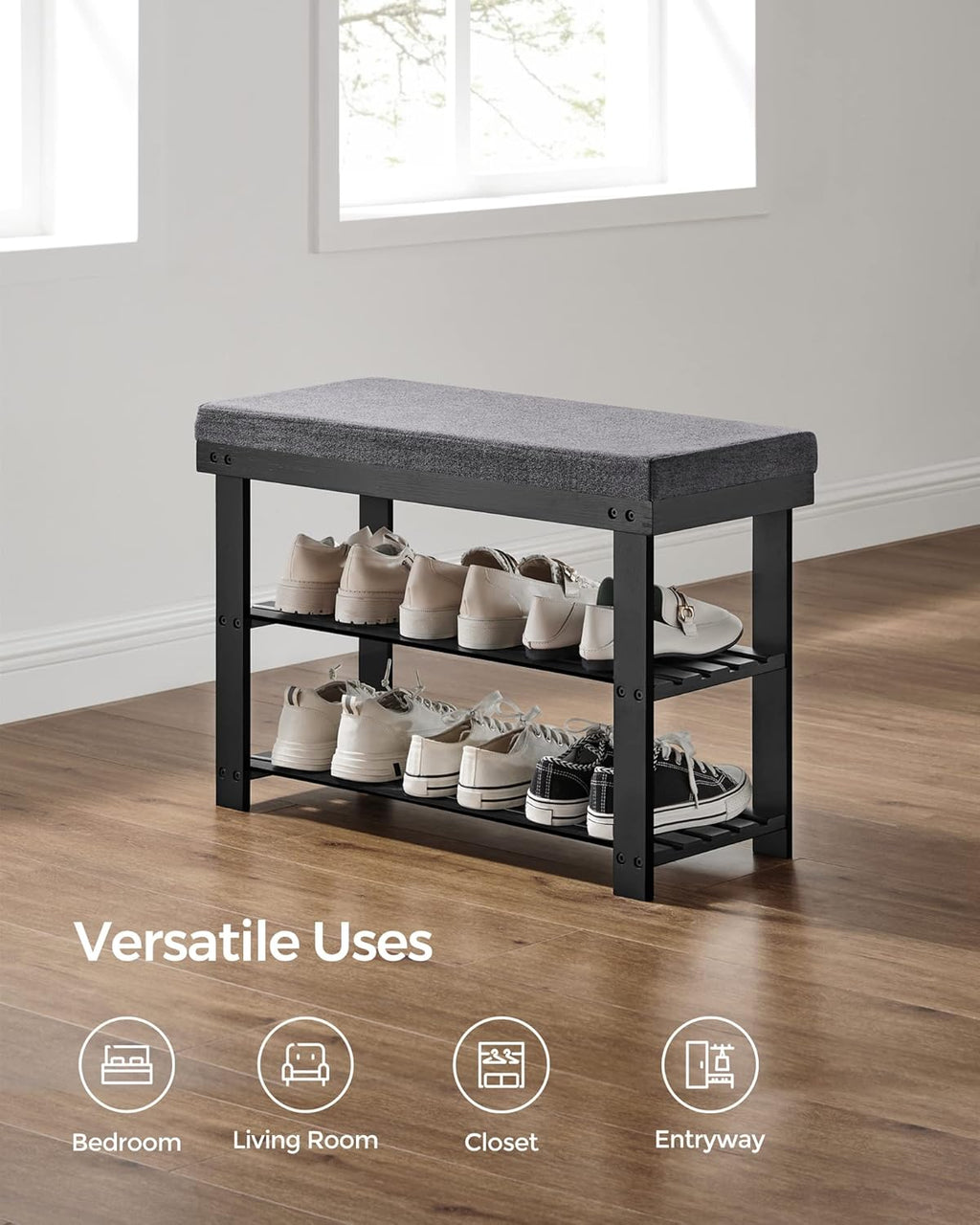 SONGMICS Bamboo Shoe Bench, 3-Tier Shoe Rack Organizer for Entryway, Living Room, Bench Seat Holds Up to 300 lb, 11.9 x 28.3 x 19.2 Inches, Ink Black and Slate Gray ULBS604B01