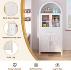 SOFTSEA Arched Kitchen Pantry Cabinet with Glass Door, 71" Tall Cupboard Cabinet with Adjustable Shelves & Barn Door, Farmhouse Kitchen Hutch with Drawer for Dining Room, White