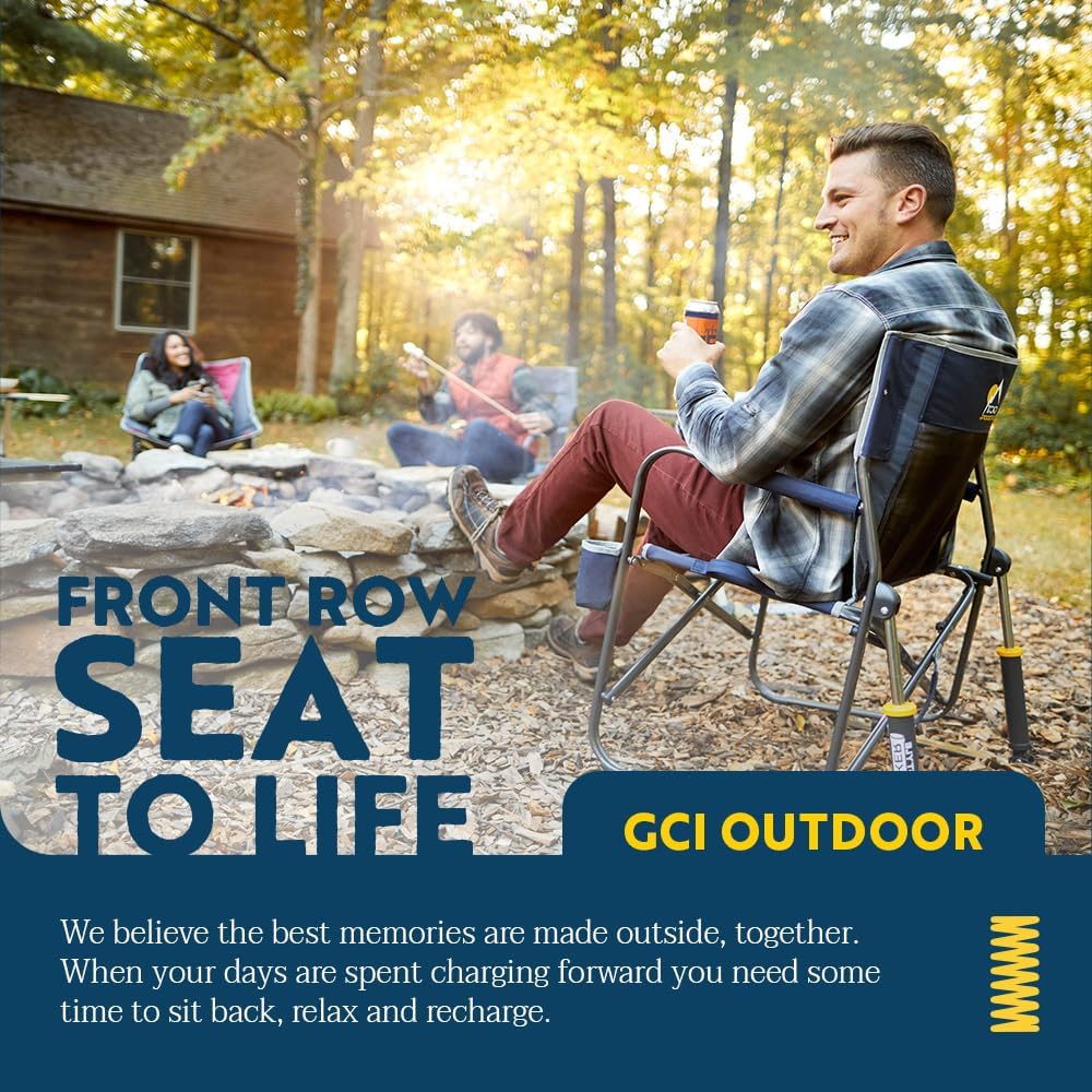 GCI OUTDOOR Freestyle Rocker with Side Table Camping Chair | Portable Folding Rocking Chair with Solid, Durable Armrests, Drink Holder & Comfortable Backrest — Heathered Indigo