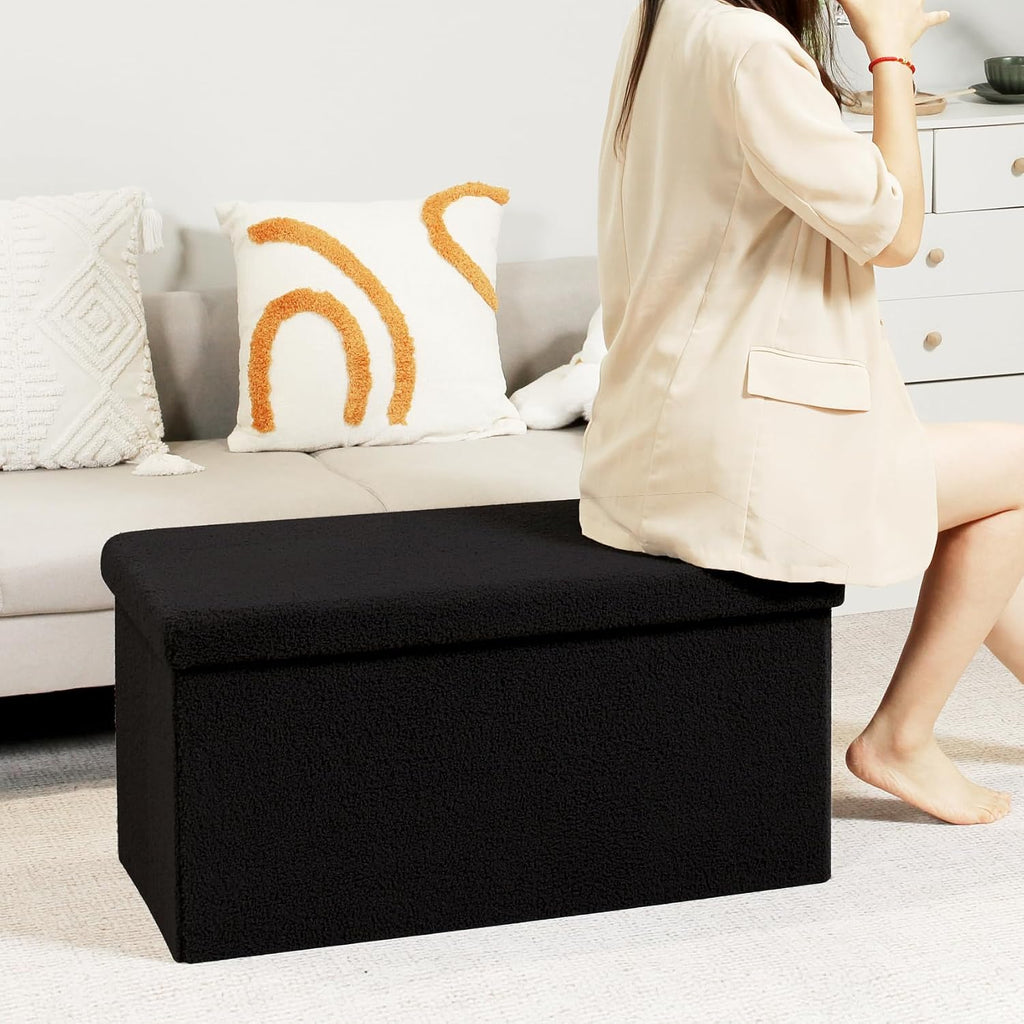 PINPLUS Folding Storage Ottoman Bench, Black Sherpa Ottoman for Living Room, Long Shoes Storage Chest Boxes Footrest Bench for Bedroom, Living Room, Entryway, 31.5Inches