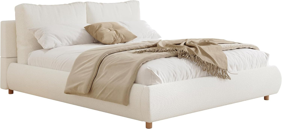 DNYN California King Size Boucle Platform Bed with 2 Removable Pillows for Bedroom Guest Room, Upholstered Cloud Bed Frame with Thick Headboard, Wooden Slats Support/No Box Spring Needed/Easy Assemble
