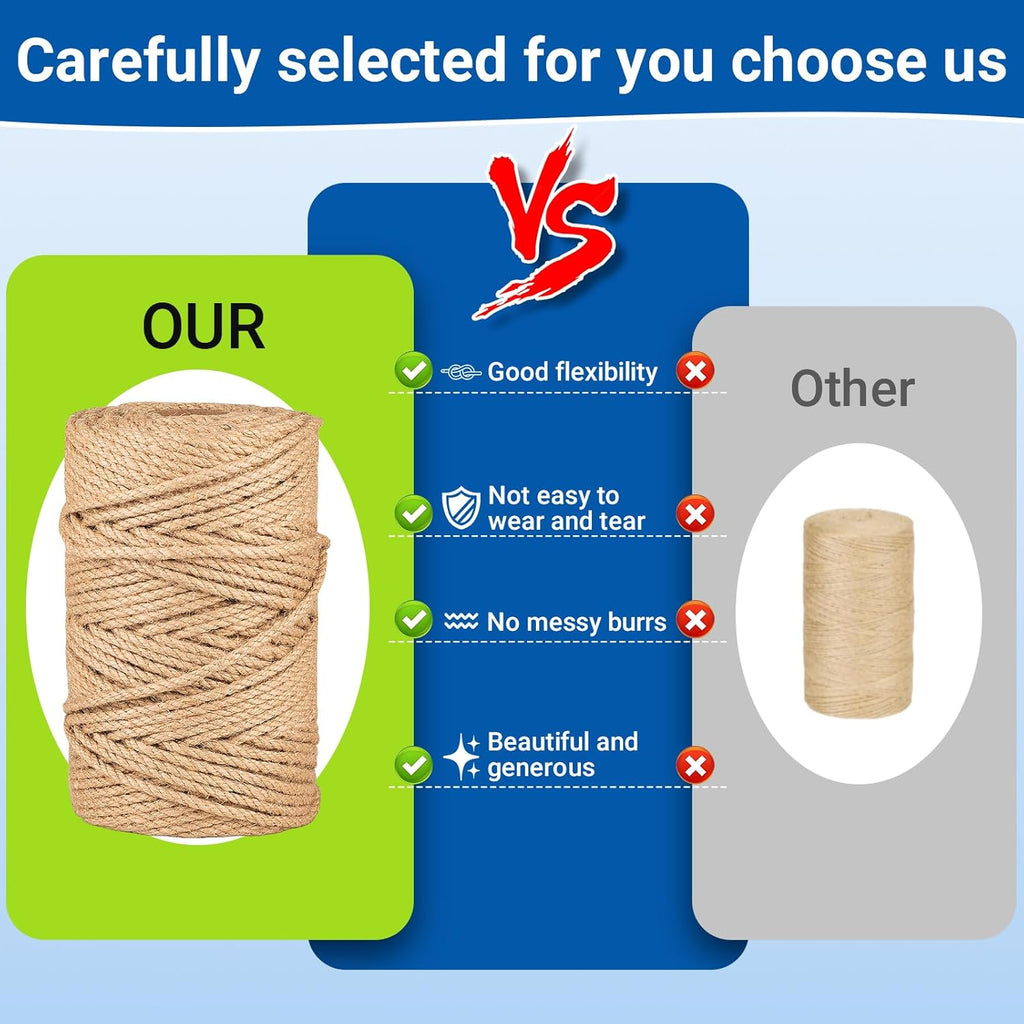 Natural Jute Twine String,Bulk Jute Rope Cord Twine for Crafting Gardening,Roll of Thick and Thin Twine for Gift Wrapping,Brown Decorative Rope,Ornament Twine for Cat Scratch Post (4mm x 328ft)