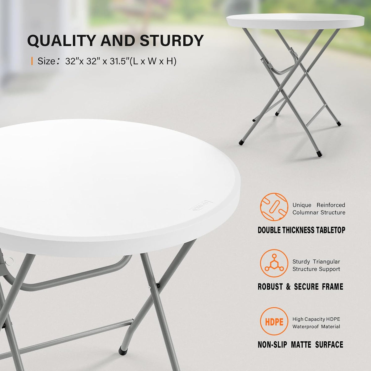 VINGLI 32" Round Folding Commercial Banquet Table, Portable Plastic Coffee Card Dining Table for Kitchen or Outdoor Party Wedding Event, 1 Pack, White | Folding