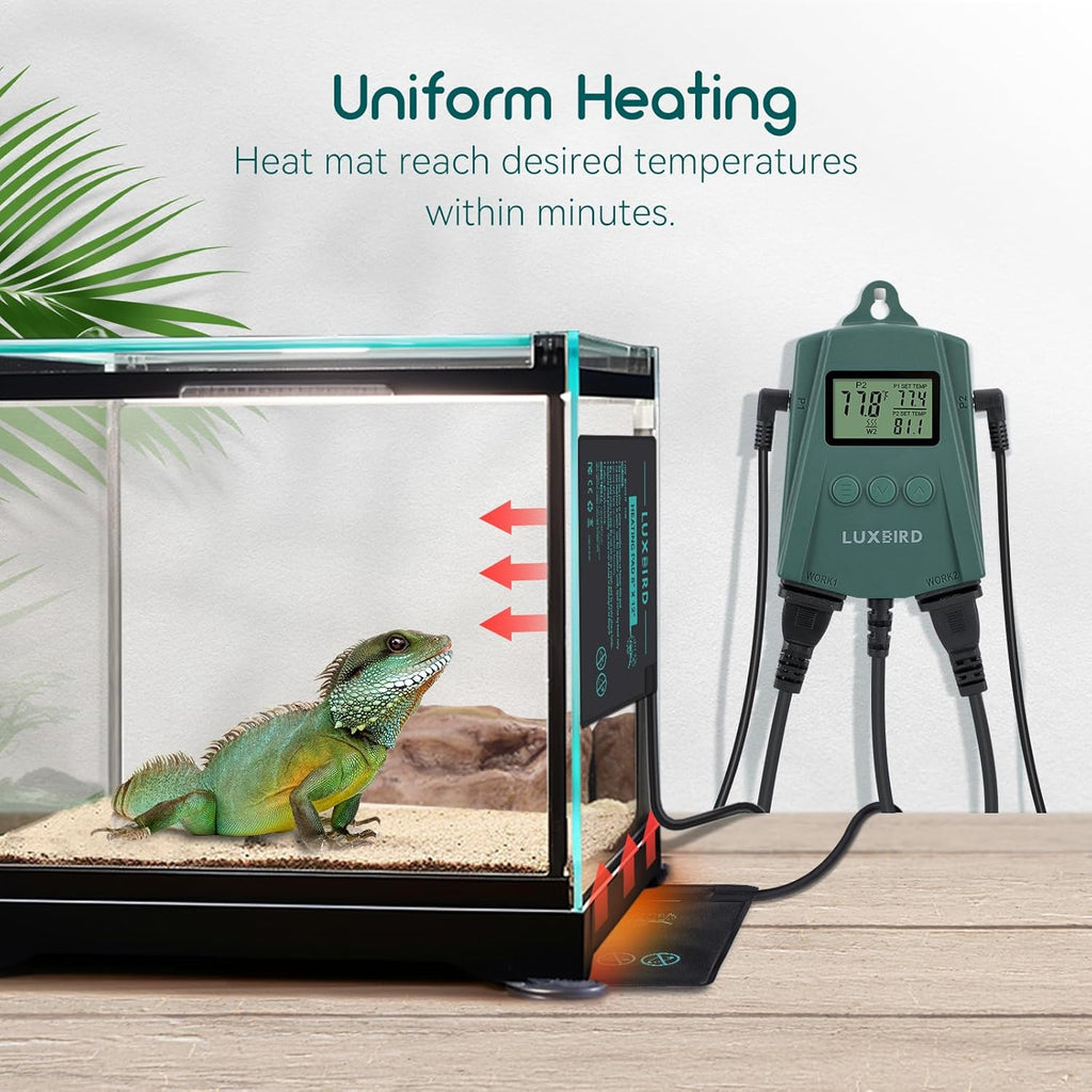 Luxbird Reptile Heating Pad 8x12 Inch with Dual Output Reptile Thermostat LB-2SC Combo Set Under Tank Terrarium Heating Mat for Turtles, Lizards, Frogs, and Other Reptiles