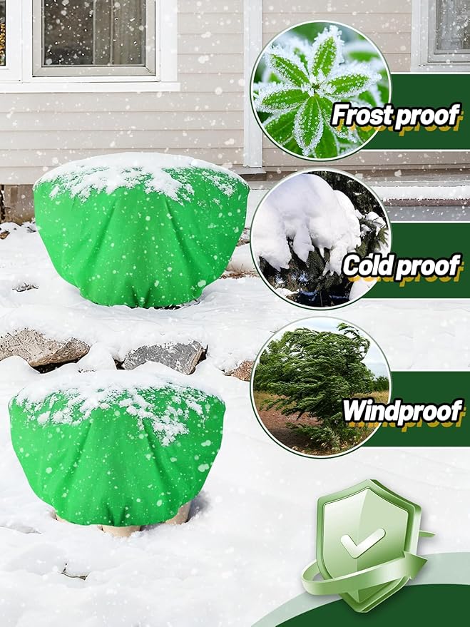 ANPHSIN 12 Pcs Plant Covers Freeze Protection - 19.6in x 39.3in Winter Shrub Plant Protection Bags, Frost Blankets Cloths with Drawstring for Outdoor Garden Rose Bush Plants, Green