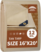 RAINDEWAY 16x20 Feet Heavy Duty Tarp,12 Mil Tan Waterproof Poly Tarp Cover,UV Resistant,Weatherproof,Durable,Multipurpose Tarps with Grommets and Reinforced Edges