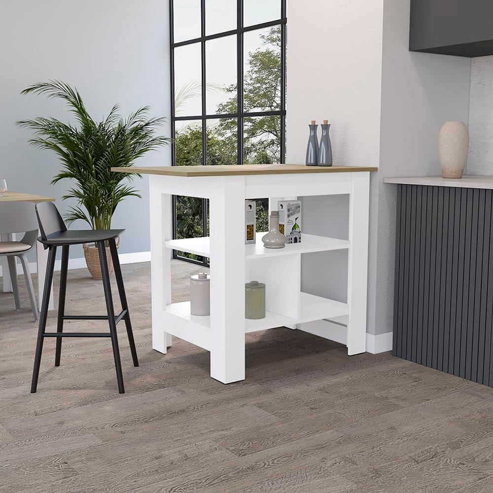 Modern Kitchen Island with Beige Top and Three Shelves | Three low open shelves for extra storage space