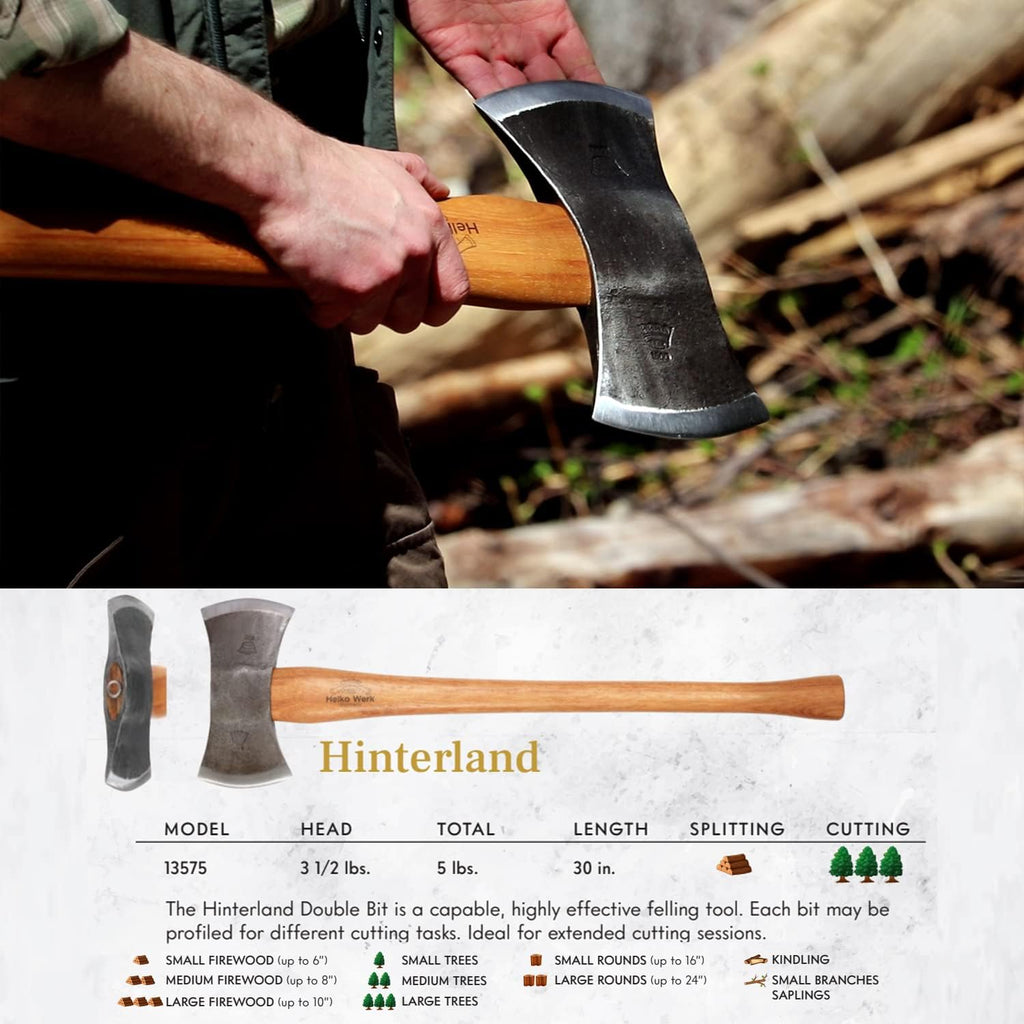 1844 Helko Werk Germany Traditional Hinterland - Made in Germany Double Bit Axe, Felling Axe for Felling Trees and Cutting Wood with Two Blades - Head 3.5 lbs, Handle 30 in. (Hinterland) #13575