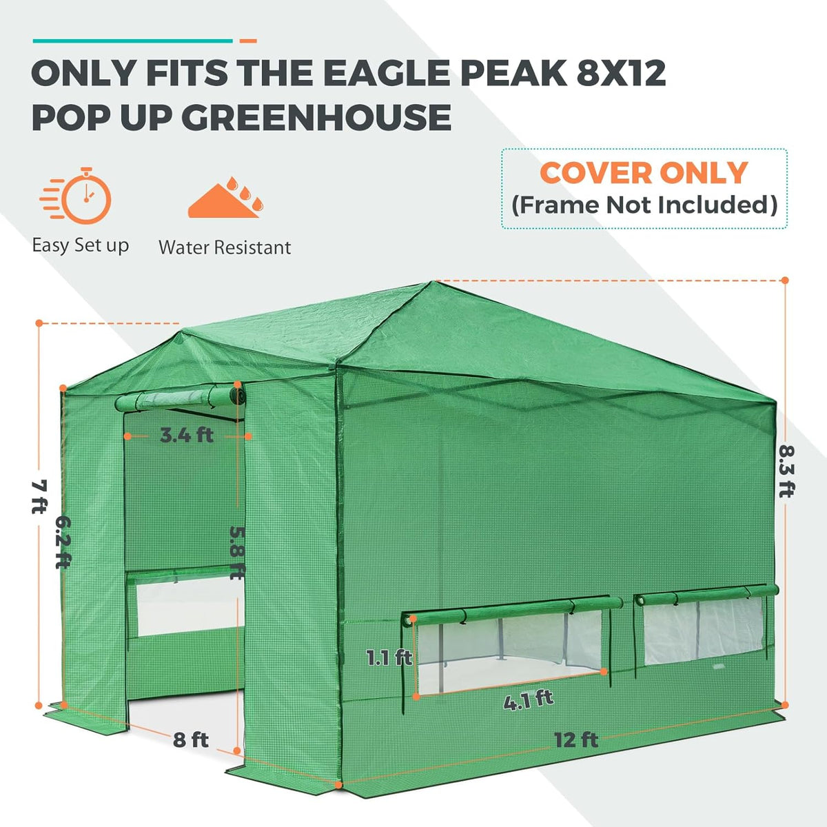 EAGLE PEAK Replacement Cover for 12x8 Portable Walk-in Pop up Greenhouse, Front and Rear Roll-Up Zipper Entry Doors and 4 Large Roll-Up Side Windows (Frame Not Included), Green