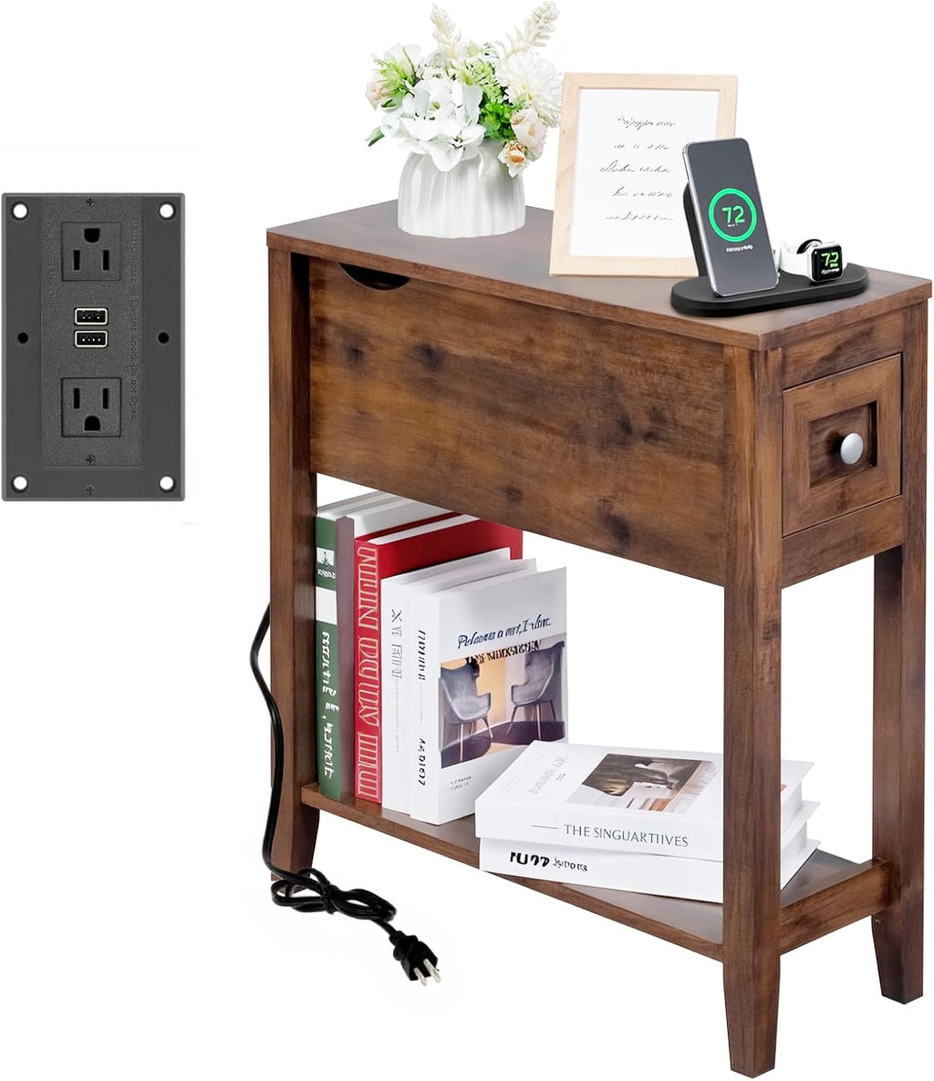 Chairside Table with Charger,Cherry End Table with Movable Top and Charging Station, Narrow Side Table with Storage Cabinet and USB, Sofa Table for Living Room Bedroom