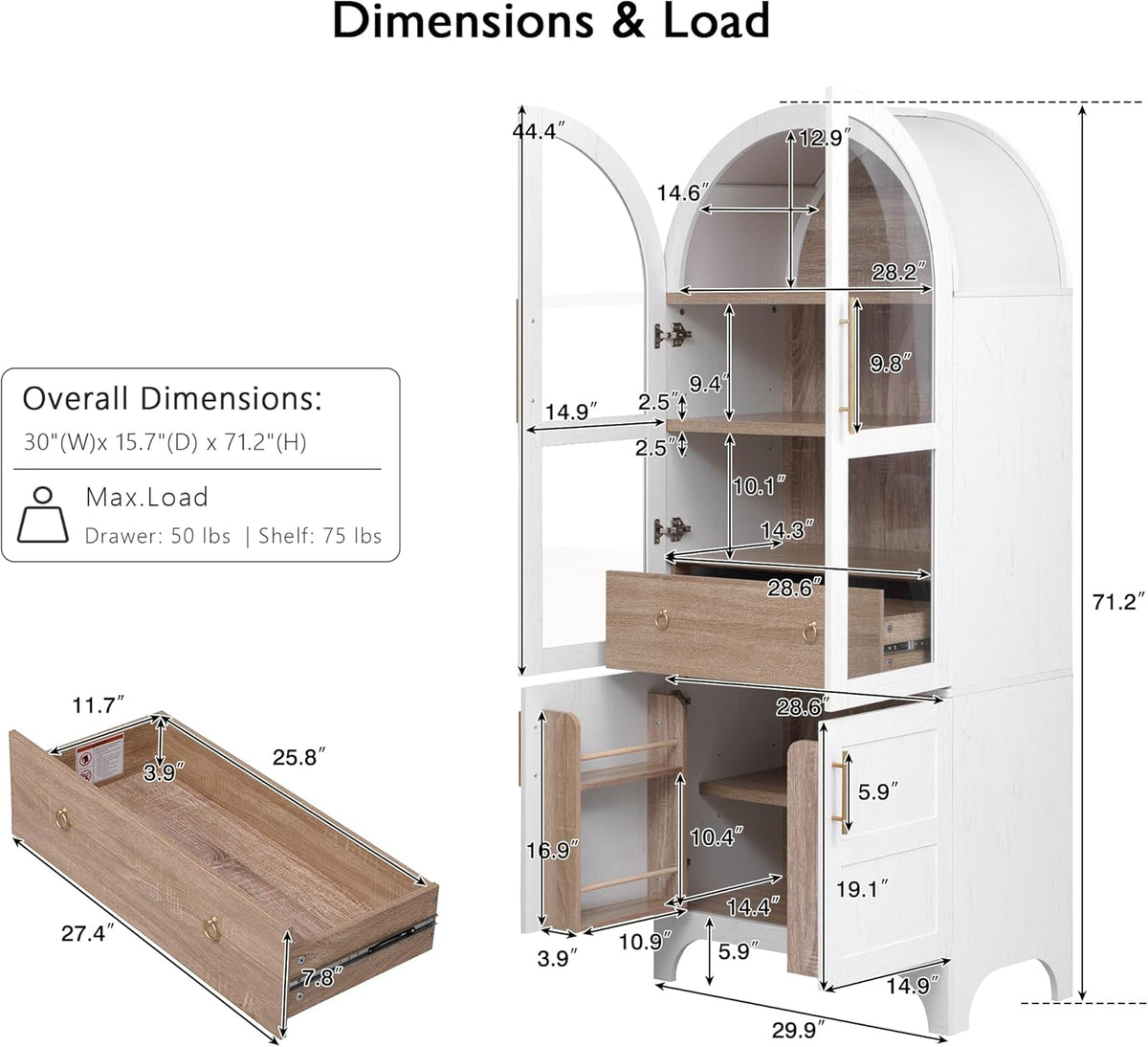 71" Tall Arched Farmhouse Pantry Cabinet with Adjustable Shelves & Glass Door, Spacious Storage Cabinet with Hidden Drawer & Door Racks for Kitchen, Dining Room, Living Room(White)