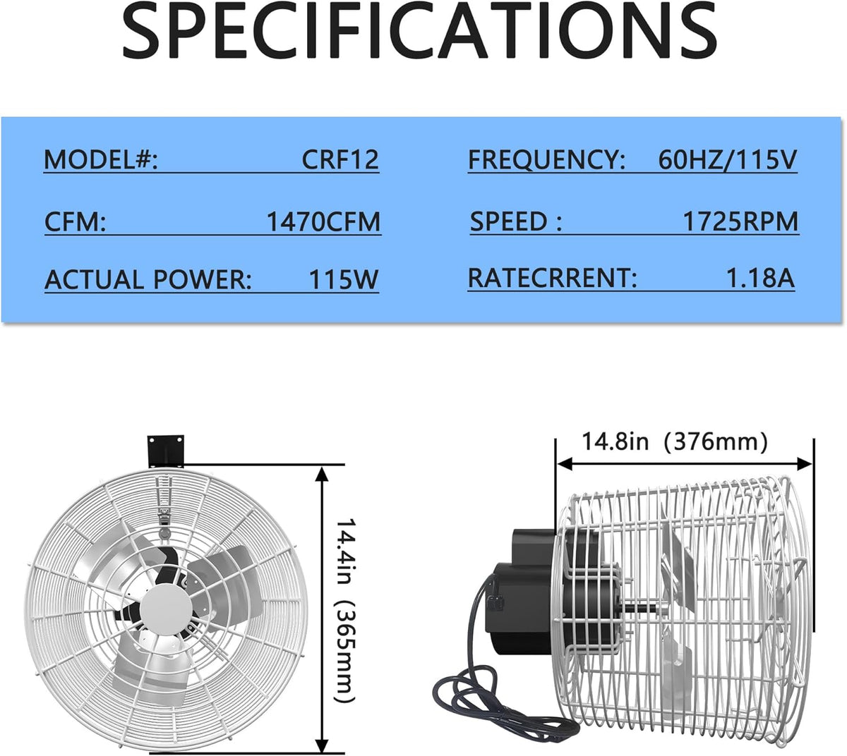 Greenhouse Air Circulation 1/10 HP 115V Ceiling Wall Mount Fan 1470CFM High Speed Circulation Fan for Greenhouse, Warehouse, Patio, Garage