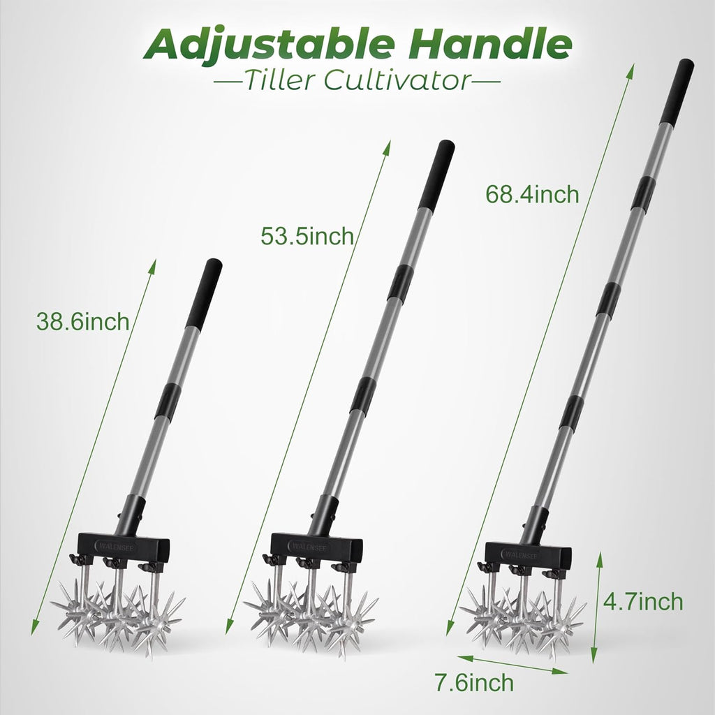 Walensee Rotary Cultivator Garden Tool – Adjustable Hand Tiller for Gardening & Lawn Care with Rustproof Aluminum Blades, Telescopic Handle, Lightweight Nylon Base – Soil Aerator & Grass Reseeder