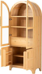 71" Arched Kitchen Pantry Cabinet with Glass Doors, Farmhouse Pantry Cabinet with Door Shelves and Drawer, Tall Cupboard with Adjustable Shelves for Kitchen, Dining Room, Natural