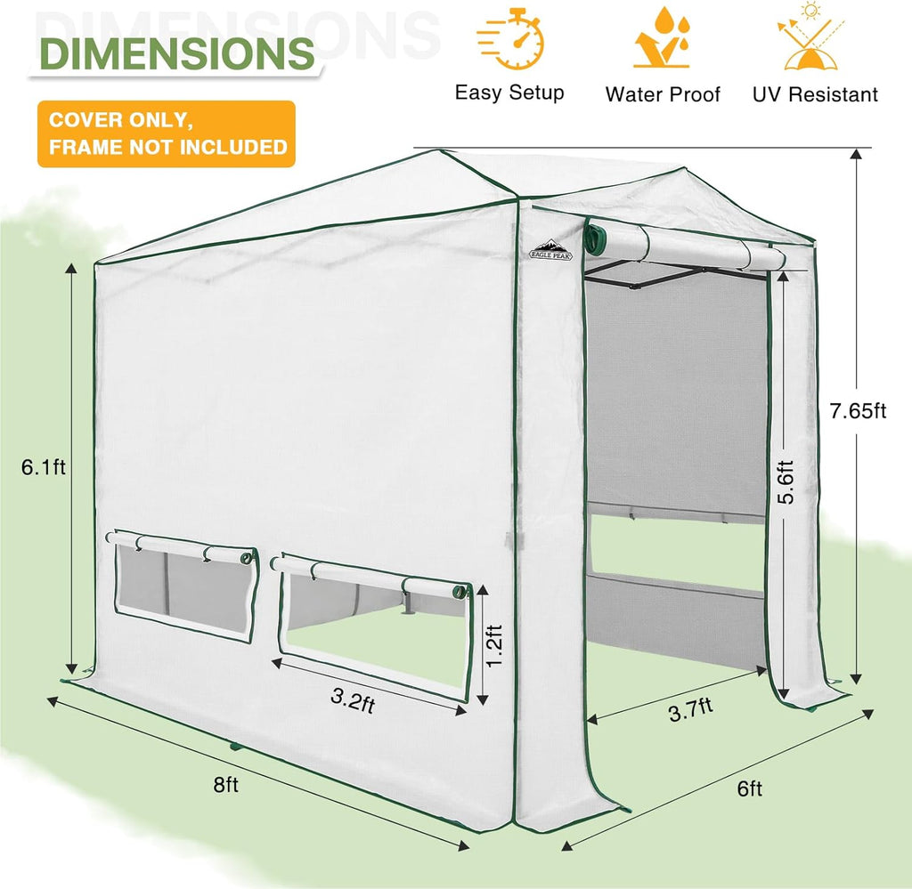 EAGLE PEAK Woven Replacement Cover for 8x6 Portable Walk-in Pop up Greenhouse, Front and Rear Roll-Up Zipper Entry Doors and 4 Roll-Up Side Windows (Frame Not Included), White