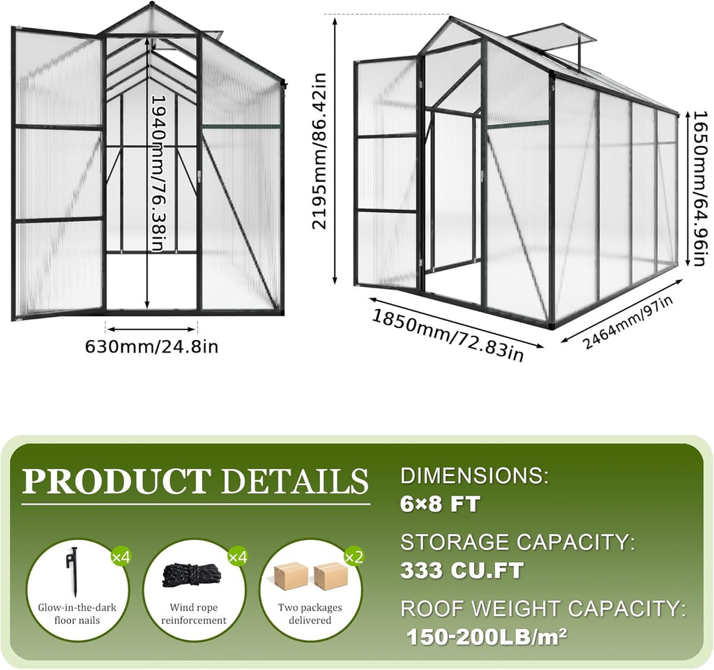 7.2FT High 6*8.2FT Greenhouse for Outdoors,Polycarbonate Greenhouse with Stronger Wind Protection and Roof Vent,Walk-in Large Aluminum Sunroom Winter Proof,Black