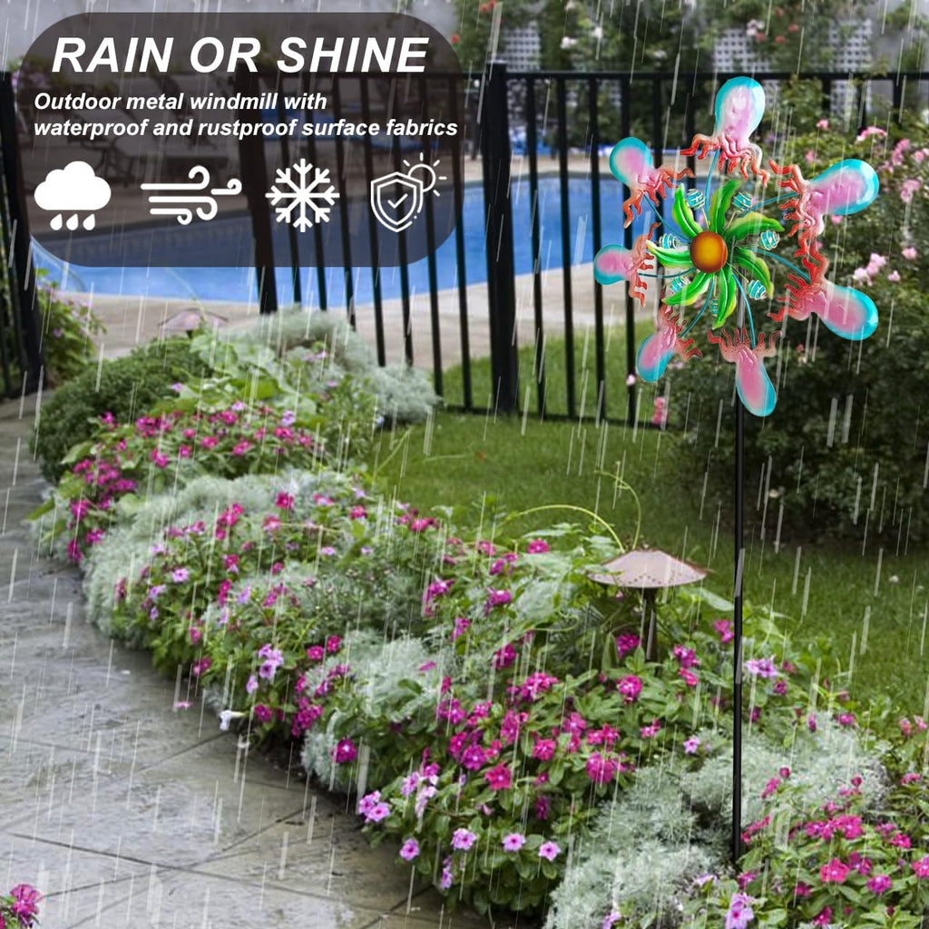 Jellyfish Wind Spinners - 39" Ocean-Themed Metal Wind Sculptures Garden Stake Art, 13.5” Windmill Yard Kinetic, Outdoor Decor for Patio & Lawn - Metal Beach Sculpture with Jellyfish Design